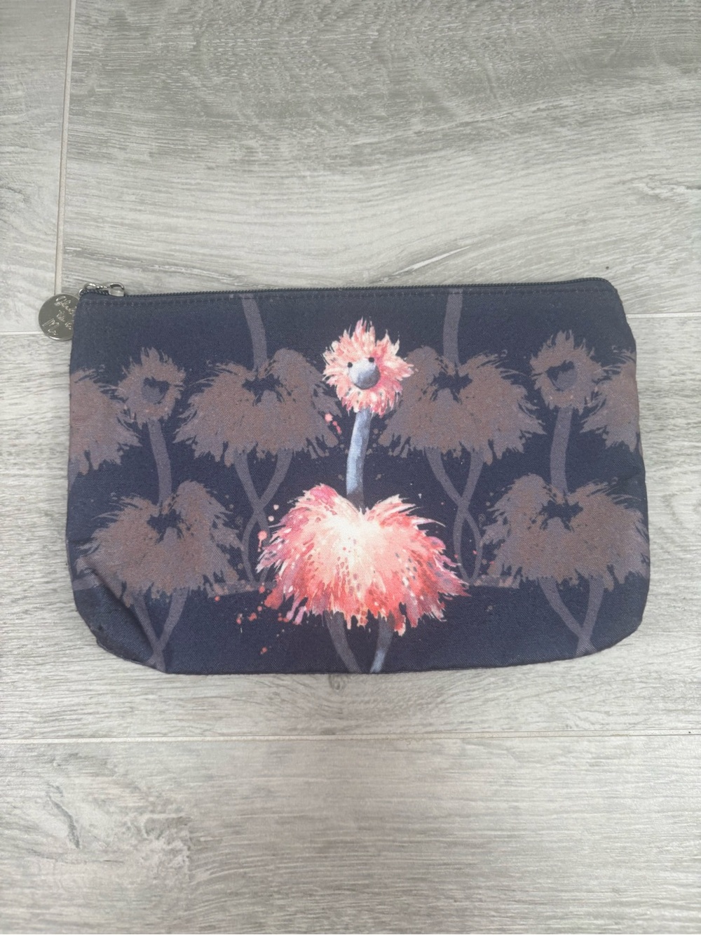 Jellycat London Odette Pink Ostrich Canvas Cosmetic Bag Pouch Charcoal